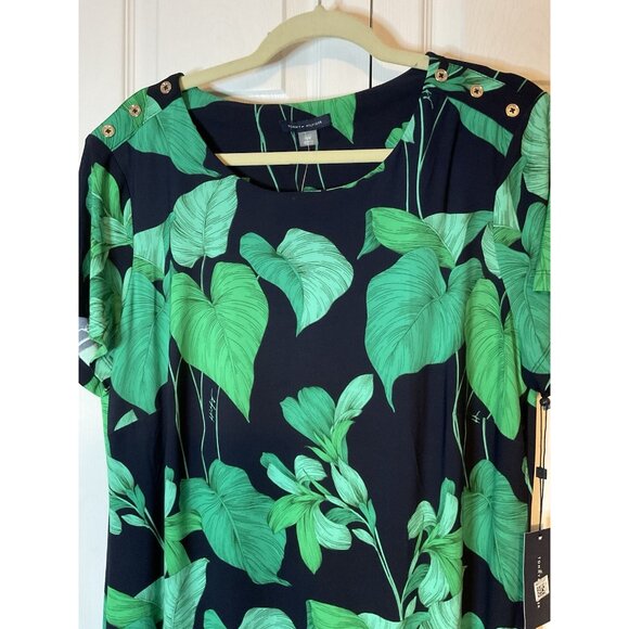 Tommy Hilfiger Navy & Green Leaves Tropical Midi Dress Size 16W New $109 - Picture 2 of 5